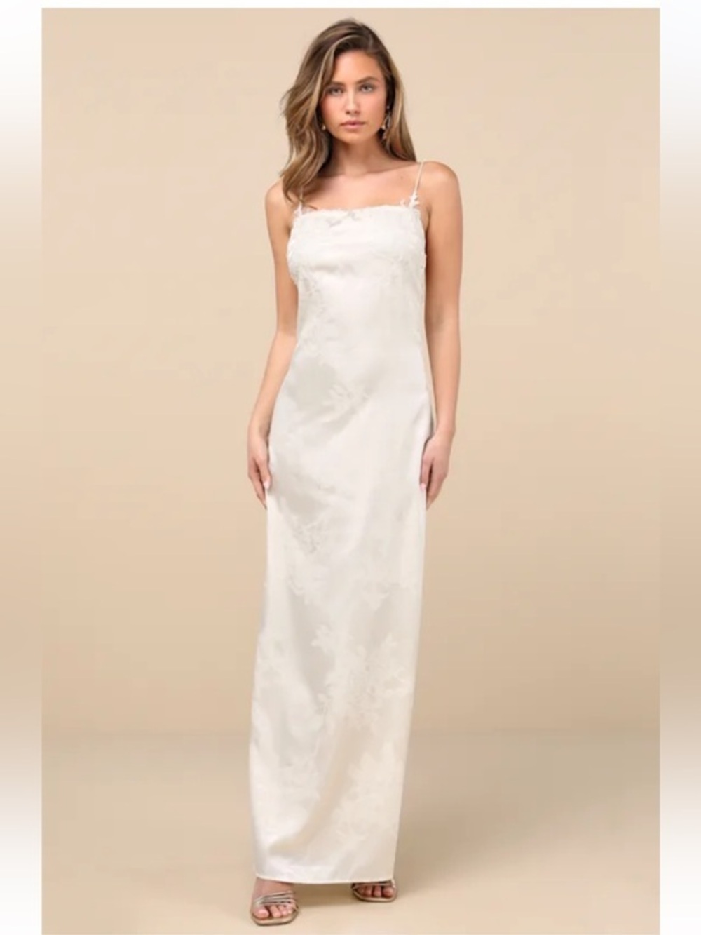 NWT Lulus Whimsical Radiance Cream Satin Embroidered Maxi Dress